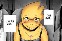  1girl 2025 2d alphys alternate_costume anthro buck_teeth cat_necklace colored_skin crying crying_with_eyes_open derivative_work digital_media dinosaur dinosaur_girl dress english_text female freckles glasses highres indoors jewelry lizard lizard_girl meme monster monster_girl movie_theater necklace oshi_no_ko parody portrait profanity reptile reptile_girl scalie solo_focus straight-on tears teeth text theater theater_seating this_shit_is_so_ass_(meme) uchulups undertale utdr_(toby_fox) variant_set yellow_eyes yellow_skin 