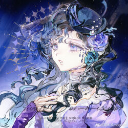  1girl bare_shoulders black_hair black_hat blue_background dress hand_on_own_chest hat highres isolde_(reverse:1999) jiemomo_mooooo long_hair parted_lips purple_dress reverse:1999 see-through_clothes see-through_veil solo upper_body veil violet_eyes watermark wavy_hair weibo_watermark 