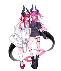  2girls arm_warmers asymmetrical_horns asymmetrical_legwear blue_eyes boots bound bound_wrists chain choker cuffs ddwiyong dragon_girl dragon_horns dragon_tail dress elizabeth_bathory_(avenger)_(fate) elizabeth_bathory_(perfect)_(first_ascension)_(fate) fate/grand_order fate_(series) fishnet_thighhighs fishnets frilled_dress frills full_body grin hair_ornament hairclip handcuffs highres horns jewelry legband legwear_garter lolita_fashion long_hair long_shirt looking_at_viewer multiple_girls multiple_piercings necklace pink_hair platform_boots pointy_ears print_shirt punk red_hair red_shoes see-through_clothes see-through_veil shirt shoes simple_background single_arm_warmer single_off_shoulder smile socks spiked_choker spikes standing t-shirt tail thigh-highs two_side_up veil white_background white_dress white_headdress white_socks white_veil 