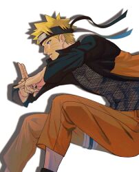 1boy black_headband black_shoes blonde_hair blue_eyes covered_abs facial_mark feet_out_of_frame fishnet_top fishnets gon012607 headband highres jacket jumping jumpsuit male_focus naruto_(series) ninjutsu open_clothes open_jacket orange_jacket orange_jumpsuit orange_pants own_hands_together pants parted_lips shoes short_hair solo spiky_hair uzumaki_naruto whisker_markings white_background 