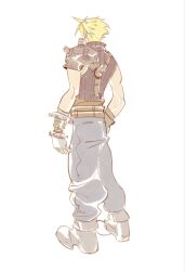  1boy absurdres armor armored_gloves belt black_shirt blonde_hair boots brown_belt cloud_strife facing_away filledmouth final_fantasy final_fantasy_vii full_body grey_boots grey_pants highres multiple_belts pants pauldrons shirt short_hair shoulder_armor single_bare_shoulder single_pauldron sleeveless sleeveless_turtleneck solo spiky_hair standing suspenders turtleneck white_background 