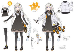  1girl ahoge armlet ayakura_juu bangle black_dress black_fur black_gloves black_pantyhose black_shoes blue_eyes bracelet braid closed_mouth clothing_cutout collared_shirt contrast_collar cross_tie dress elbow_gloves full_body fur-trimmed_jacket fur_trim gloves hair_ornament hair_tubes jacket jewelry kizuna_akari kizuna_akari_(vocaloid6) layered_dress long_hair long_sleeves low_twintails messy_hair microphone multicolored_shoes multiple_views nail_polish official_art orange_nails orange_shoes pantyhose partially_fingerless_gloves pinafore_dress pocket puffy_long_sleeves puffy_short_sleeves puffy_sleeves reference_sheet second-party_source shirt shirt_under_dress shoes short_sleeves sleeveless sleeveless_dress smile sparkle_print standing star_(symbol) star_print thigh_cutout twin_braids twintails two-sided_fabric two-sided_jacket underbust unworn_jacket very_long_hair vocaloid white_background white_hair white_jacket white_shirt 