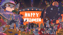 absurdres aikatsu!_(series) aikatsu_stars! akazukin_chacha ash_ketchum black_hair character_request clemont_(pokemon) closed_mouth crossover dougi dragon_ball dragon_ball_super eureka_(pokemon) galbi_(iouytuuyio) gloves greninja halloween happy_halloween highres holding holding_megaphone jack-o&#039;-lantern long_hair medium_hair megaphone multiple_boys multiple_girls muscular muscular_male open_mouth pikachu pokemon pokemon_(anime) pokemon_(creature) pokemon_xy_(anime) pretty_series pripara pumpkin serena_(pokemon) short_hair smile son_goku son_goten spiky_hair stairs super_saiyan super_saiyan_blue tantei_opera_milky_holmes vegeta wake_up_girls!