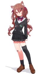  1girl animal_ears asymmetrical_legwear black_skirt black_socks black_thighhighs bow bowtie broken_heart broken_heart_hair_ornament brown_hair brown_shoes cat_ears commentary dress_shirt ebsuiiote english_commentary evil_neuro-sama full_body hair_between_eyes hair_ornament heart highres long_hair long_sleeves looking_at_viewer off-shoulder_cardigan original pleated_skirt red_bow red_bowtie red_eyes red_ribbon ribbon shirt shoes simple_background single_sock single_thighhigh skirt skull_hair_ornament socks solo standing thigh-highs uneven_legwear virtual_youtuber white_background white_shirt 