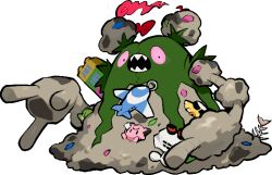  clefairy commentary_request dynamax fish_skeleton full_body garbodor gigantamax gigantamax_garbodor kawaanago open_mouth pokemon pokemon_(creature) pokemon_focus red_clouds sharp_teeth solo stuffed_toy substitute_(pokemon) teeth toy_airplane toy_boat toy_car transparent_background trash 