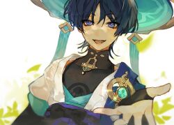  1boy anemo_symbol_(genshin_impact) aqua_gemstone aqua_hat arm_at_side belt black_belt black_bodysuit black_bow black_bridal_gauntlets black_hair blue_kimono blue_sleeves blunt_ends bodysuit bow bridal_gauntlets covered_collarbone eyelashes eyeliner eyeshadow falling_leaves gem genshin_impact gold hachiimi hand_up hat highres japanese_clothes jingasa juban kimono layered_sleeves leaf looking_at_viewer lower_teeth_only makeup male_focus mandarin_collar offering_hand open_clothes open_hand open_kimono open_mouth purple_rope purple_sash reaching reaching_towards_viewer red_eyeliner red_eyeshadow rope sash scaramouche_(genshin_impact) short_sleeves shoulder_peek sketch solo teeth tsurime upper_body violet_eyes vision_(genshin_impact) wanderer_(genshin_impact) white_background white_kimono white_sleeves wispy_bangs 