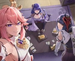  animal_ears bird_mask black_bodysuit bodysuit breasts card fan_hair_ornament floppy_ears flower food fox_ears genshin_impact gloves hair_ornament highres japanese_clothes kimono kujou_sara large_breasts long_braid long_hair low-tied_long_hair mask mask_on_head multiple_girls nontraditional_miko pink_hair playing_card purple_flower purple_hair purple_kimono purple_nails raiden_shogun red_mask short_hair tarot tarot_card tengu violet_eyes yae_miko yellow_eyes yukii91218 