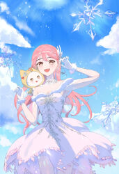  1girl absurdres ahoge animal_on_shoulder blue_sky bow bowtie brown_eyes choker cloak clouds commentary_request cowboy_shot day dot_nose dress ear_covers eyelashes feather_choker feather_hair_ornament feathers fringe_trim fur-trimmed_dress fur-trimmed_gloves fur_sleeves fur_trim gloves hair_between_eyes hair_ornament happy hat hat_ornament hat_ribbon highres hood hood_up hooded_cloak kohanai_setsuna light_blush light_particles light_rays long_hair longing_for_snow_(shining_nikki) looking_at_viewer momo_(nikki) nikki_(nikki) nikki_(series) off-shoulder_dress off_shoulder open_mouth outdoors pink_dress pink_hair pleated_dress print_dress red_bow red_bowtie red_ribbon ribbon shining_nikki short_dress short_sleeves sky smile snowflake_hat_ornament snowflake_print snowflakes solo standing sun teeth upper_teeth_only very_long_hair wavy_hair whiskers white_choker white_gloves white_sleeves yellow_cloak 