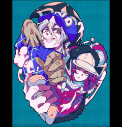  1boy 1girl argyle_clothes argyle_sweater black_fur black_hat blue_background blue_helmet blue_sweater brown_gloves capelet clawed_gauntlets closed_mouth commentary cream_starter_(stand) diego_brando dinosaur_tail dress flower_ornament fur-trimmed_dress fur_trim gloves grin hair_between_eyes hat helmet holding hot_pants_(sbr) jojo_no_kimyou_na_bouken long_sleeves looking_at_viewer o_ok pink_capelet pink_dress pink_eyes pink_hair polka_dot polka_dot_background scary_monsters_(stand) sharp_teeth short_hair smile stand_(jojo) steel_ball_run sweater tail teeth turtleneck turtleneck_sweater white_hair 