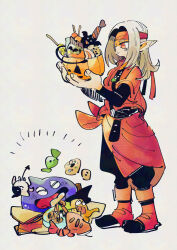  1boy black_pants black_shirt boots bucket candy coat dragon_quest dragon_quest_iv food full_body grey_hair halloween_bucket headband holding holding_bucket jewelry light_blush long_hair male_focus necklace nemushadai pants parted_bangs pisaro pointy_ears red_boots red_coat red_eyes red_headband shirt slime_(dragon_quest) wrapped_candy 