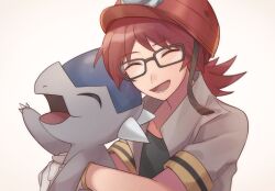  1boy black-framed_eyewear black_shirt claws closed_eyes commentary_request cranidos grey_jacket helmet highres holding holding_pokemon jacket lower_teeth_only male_focus open_clothes open_jacket open_mouth orange_helmet pokemon pokemon_(creature) pokemon_dppt rectangular_eyewear red_hair roark_(pokemon) shirt short_sleeves simple_background sioinari_03 smile teeth white_background 