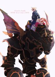  1boy 1girl aerith_gainsborough aerith_gainsborough_(terra&#039;s_garb) anothingvv arm_up artist_name black_gloves black_jacket black_pants blonde_hair breasts brown_hair cape character_name cloud_strife cloud_strife_(locke&#039;s_outfit) copyright_name cosplay detached_sleeves dress final_fantasy final_fantasy_vii final_fantasy_vii_ever_crisis gloves hair_ribbon head_on_hand headband highres jacket locke_cole locke_cole_(cosplay) long_hair magitek_armor medium_breasts official_alternate_costume pants parted_bangs ponytail red_dress red_sleeves ribbon sash short_dress short_hair spiky_hair strapless strapless_dress terra_branford terra_branford_(cosplay) tube_dress waist_sash white_background yellow_cape 