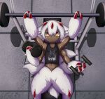  1girl barbell bench_press black_tank_top brown_eyes claws dark_skin dumbbell extra_arms faputa fewer_digits from_above hair_between_eyes highres holding made_in_abyss monster_girl smugbuns tank_top very_dark_skin weightlifting white_fur 