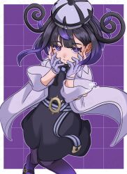  1girl belt black_dress black_hair border closed_mouth coat dated dress eyelashes gloves gradient_hair grid_background gwynn_(pokemon) hat highres krkrnk_sub long_sleeves looking_at_viewer multicolored_hair o-ring o-ring_belt outline outside_border pantyhose partially_fingerless_gloves pokemon pokemon_legends:_z-a purple_background purple_gloves purple_hair purple_outline short_hair solo violet_eyes white_coat 