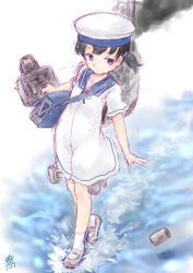  1girl black_hair blue_collar blue_sailor_collar collar commentary_request depth_charge dress hat kantai_collection koshigaya_tatsumi machinery one-hour_drawing_challenge sailor_collar sailor_dress sailor_hat shoes short_sleeves shounan_(kancolle) smoke solo twintails uwabaki violet_eyes walking walking_on_liquid white_dress white_hat 
