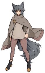  1girl animal_ear_fluff animal_ears black_shoes brown_cape brown_eyes brown_pants brown_sclera brown_shirt cape choppy_bangs closed_mouth colored_sclera commentary commission english_commentary full_body grey_hair hand_on_own_hip highres long_sleeves looking_at_viewer oninuer original pants shirt shoes short_hair simple_background smile solo standing tail white_background wolf_ears wolf_girl wolf_tail 