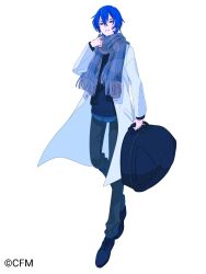 1boy bag blue_bag blue_eyes blue_hair blue_pants blue_scarf blue_shoes blue_sweater coat company_name copyright_notice full_body grin hair_between_eyes highres holding holding_bag kaito kaito_(vocaloid) lazool_721 male_focus official_art pants plaid_clothes plaid_scarf scarf shoes simple_background smile solo standing sweater teeth third-party_source vocaloid white_background white_coat