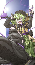  1girl absurdres adapted_costume back_bow belt_collar black_arm_warmers black_bow black_hat black_leg_warmers black_shoes bow buttons chinese_commentary collar commentary_request diamond_button eyeball frilled_skirt frills green_eyes green_hair green_skirt hat headset heart heart-shaped_pupils highres holding holding_microphone komeiji_koishi leg_warmers looking_at_viewer microphone mixed-language_commentary music one-hour_drawing_challenge one_eye_closed open_mouth puffy_short_sleeves puffy_sleeves purple_collar shirt shoe_soles shoes short_sleeves singing skirt smile solo symbol-shaped_pupils third_eye touhou touhou_hero_of_ice_fairy ve1024 yellow_shirt 