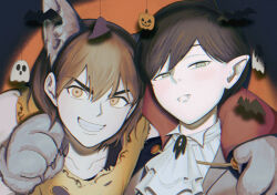  2boys alternate_costume alternate_eye_color arm_on_another&#039;s_shoulder black_hair brown_eyes brown_hair collarbone double-parted_bangs grey_eyes grin hair_between_eyes halloween_costume kel_(faraway)_(omori) kel_(omori) looking_at_viewer male_focus msdnno_kabe multiple_boys omori pointy_ears short_hair smile something_(omori) sunny_(omori) teeth 