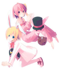  2girls animal_ears archived_source asami_natsuhito bad_link bare_shoulders barefoot belt black_hat black_pants black_suit blonde_hair blue_eyes blush bow bowtie brown_eyes buckle closed_mouth collared_shirt detached_sleeves disembodied_head doll dress_shirt elbow_blush english_commentary footwear_bow hair_bow hat headless headless_doll knees_together_feet_apart light_frown long_sleeves looking_at_viewer mr._smith multiple_girls open_clothes open_shirt original overalls pants pantyhose pink_belt pink_eyes pink_fur pink_hair pink_overalls pink_sleeves pointy_ears rabbit rabbit_ears red_bow red_bowtie red_shirt severed_head shirt shoes short_hair simple_background single_ear_down skirt sleeve_cuffs solid_eyes sophy suit sweatdrop top_hat undershirt white_background white_pantyhose white_shirt white_skirt white_sleeves wing_collar yellow_bow 