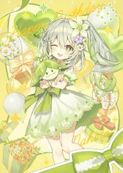 1girl ;d adapted_costume aranara_(genshin_impact) balloon bare_shoulders character_name commentary cross-shaped_pupils dress flower genshin_impact gift gradient_clothes gradient_dress gradient_hair green_dress green_eyes green_hair hair_between_eyes hair_flower hair_ornament happy_birthday heart_balloon highres holding leaf_hair_ornament long_hair looking_at_viewer multicolored_hair nahida_(genshin_impact) one_eye_closed open_mouth pine_(angel4195202) pointy_ears purple_flower side_ponytail sleeveless sleeveless_dress smile solo symbol-shaped_pupils teeth upper_teeth_only white_dress white_flower white_hair 