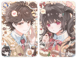  1boy 1girl :o ahoge black_hair border bow bowtie brown_eyes brown_hair brown_sweater_vest candy chocolate closed_mouth collared_shirt food heart heart-shaped_chocolate heart-shaped_food holding holding_chocolate holding_food long_hair long_sleeves looking_at_viewer one_side_up open_mouth original portrait red_bow red_bowtie red_eyes shirt short_hair smile spoken_blush spoken_heart sweater_vest watermark white_border white_shirt xun_xun_xiaolongbao 