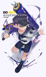  1boy aqua_eyes bike_shorts black_boots black_neckerchief black_shorts blue_boots blue_sailor_collar boots closed_mouth commentary expressionless full_body hat highres holding holding_weapon inkling inkling_boy inkling_player_character jinkoika long_sleeves looking_at_viewer male_focus multicolored_boots neckerchief newsboy_cap over_shoulder pointy_ears purple_hair purple_hat rubber_boots sailor_collar sailor_shirt shirt short_hair shorts solo splat_roller_(splatoon) splatoon_(series) standing symbol-only_commentary two-tone_boots very_short_hair weapon weapon_over_shoulder white_shirt 