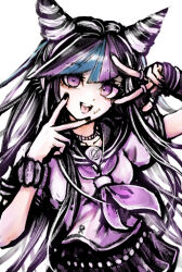  1girl black_hair black_nails black_sailor_collar black_skirt blue_hair blue_streaks collared_shirt commentary_request danganronpa_(series) danganronpa_2:_goodbye_despair ear_piercing eyelashes face_piercing fingerless_gloves fingernails gloves hair_horns highres jewelry long_hair mioda_ibuki mouth_piercing multicolored_hair multiple_rings nail_polish neckerchief open_mouth piercing pink_eyes pink_hair pink_neckerchief pink_streaks ring sailor_collar school_uniform scrunchie serafuku shirt short_sleeves simple_background single_fingerless_glove skirt smile solo streaked_hair teeth tsukihi_shida upper_teeth_only v w white_background white_hair white_shirt wrist_scrunchie 
