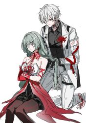  1boy 1girl arm_wrap armband bags_under_eyes bandage_over_one_eye bandaged_neck bandages bare_shoulders behind_another black_dress black_pantyhose black_shirt blood blood_on_bandages blood_on_clothes blood_on_neck blood_on_shoes boutonniere braid breasts chest_harness closed_mouth collared_shirt commentary_request corsage couple crossed_arms crossed_legs detached_collar detached_sleeves dress expressionless flower front-seamed_legwear gradient_clothes gradient_dress green_hair grey_eyes hair_between_eyes hair_half_undone halter_dress halterneck harness hetero highres ilsijeongj2213 invisible_chair jacket kneeling knees_together_feet_apart korean_commentary lapels long_hair long_sleeves looking_at_another low_twin_braids medium_breasts notched_lapels oc_x_canon open_clothes open_jacket original pants pantyhose phrolova_(wuthering_waves) pleated_dress red_dress red_eyes red_flower red_pupils red_sleeves rether_(ilsijeongj2213) seamed_legwear shirt shoes short_dress short_hair showgirl_skirt simple_background single_detached_sleeve sitting spider_lily symbol-shaped_pupils thigh_strap tiptoes twin_braids two-tone_dress tying_another&#039;s_hair tying_hair very_long_hair very_short_hair white_background white_dress white_hair white_jacket white_pants white_shoes wing_collar wuthering_waves 