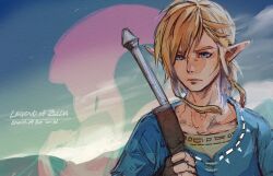  1boy 1girl blonde_hair blue_eyes blue_tunic closed_mouth copyright_name fins furrowed_brow hand_on_own_chest head_fins light_frown link low_ponytail mipha pointy_ears ponytail shiroton_(kazamineko) silhouette sword sword_on_back the_legend_of_zelda the_legend_of_zelda:_breath_of_the_wild tunic upper_body weapon weapon_on_back zora 