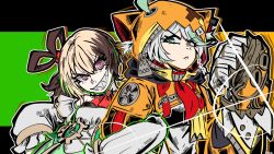  2girls :&lt; ahoge ascot brown_hair cecilia_immergreen cecilia_immergreen_(1st_costume) clenched_hand clenched_teeth cosplay costume_switch detached_sleeves dress frown gauntlets gigi_murin gigi_murin_(1st_costume) gigi_murin_(cosplay) green_eyes green_hair grin hair_rings hair_through_hood hand_up hands_on_own_hips highres hololive hololive_english hooded_shrug locked_arms looking_at_viewer multicolored_hair multiple_girls orange_hood orange_shrug pink_eyes red_ascot roxis_in_wunder shrug_(clothing) smile standing teeth textless_version twintails two-tone_hair upper_body v-shaped_eyebrows virtual_youtuber white_dress white_sleeves zipper zipper_pull_tab 