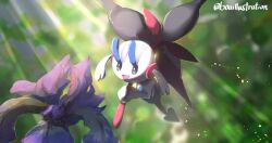  black_flower blurry blurry_background bo_(bouillustration) floette floette_(eternal) flower holding holding_flower no_humans open_mouth outdoors pokemon pokemon_(creature) pokemon_focus smile solo 