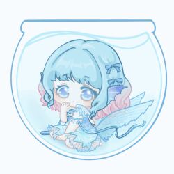  1girl :o air_bubble animated animated_gif arm_ribbon backless_dress backless_outfit bare_back bare_legs barefoot blinking blue_bow blue_dress blue_eyes blue_hair blue_ribbon bow bubble chibi chinese_commentary colored_eyelashes commentary_request criss-cross_back-straps dress expressionless fins fishbowl frilled_dress frilled_ribbon frilled_sleeves frills gradient_hair hair_bow hand_on_own_cheek hand_on_own_face head_fins in_bowl in_container kneeling light_blush looping_animation medium_dress multicolored_hair nikki_(series) parted_lips pink_hair print_dress ribbon scale_print see-through_clothes see-through_sleeves shining_nikki short_sleeves solo striped_bow submerged tareme trail_of_the_tide_(shining_nikki) two-tone_hair water wavy_hair white_background xiaoyu_qixing 