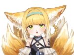  1girl animal_ears arknights bangs blonde_hair braid commentary_request detached_sleeves eyebrows_visible_through_hair fox_ears fox_girl fox_tail gradient_hair green_eyes hairband highres kesuk0 kyuubi long_hair looking_at_viewer multicolored_hair multiple_tails parted_lips sidelocks simple_background solo suzuran_(arknights) tail twin_braids white_background 