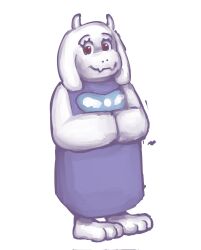  1girl 2023 2d animal_ears anthro barefoot closed_mouth corrupted_twitter_file delta_rune_(symbol) delta_rune_print digital_media droopy_ears fangs female female_only floppy_ears full_body furry furry_female goat goat_ears goat_girl goat_horns highres horns long_sleeves mammal monster monster_girl purple_robe red_eyes robe simple_background skin_fangs solo standing toriel uchulups undertale utdr_(toby_fox) white_background white_fur white_horns 