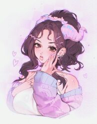  1girl aegyo_sal artist_name blue_cardigan blurry border breasts brown_eyes brown_hair camisole cardigan checkered_background collarbone_tattoo commission cropped_torso depth_of_field dragon_horns ear_piercing earrings english_commentary eyelashes fading_border film_grain fingernails flower flower_tattoo forehead gem-studded_nails hair_flower hair_ornament halftone hand_on_own_cheek hand_on_own_chest hand_on_own_face heart heart_earrings high_ponytail highres horns jewelry large_breasts light_blush long_fingernails medium_hair mole mole_on_cheek mole_on_shoulder multiple_moles nail_ornament noisykoala off-shoulder_cardigan original outer_glow outline parted_bangs parted_lips piercing ponytail purple_background purple_cardigan purple_flower purple_horns purple_nails purple_outline ring shoulder_blush silver_earrings single_sidelock sketch tattoo teeth thick_eyebrows thick_lips two-tone_cardigan wavy_hair wavy_sidelocks white_camisole 