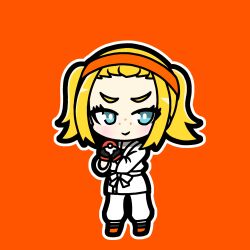  1girl :> aqua_eyes black_gloves blonde_hair bright_pupils chibi chibi_only closed_mouth commentary_request dougi eyelashes flat_color freckles full_body gloves headband highres josee_(pokemon) long_sleeves naconaconacosu orange_background orange_headband orange_shoes outline pokemon pokemon_legends:_z-a shoes simple_background smile solo standing twintails white_outline white_pupils 