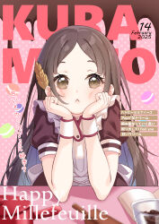  1girl :&lt; blush brown_eyes brown_hair cheek_press closed_mouth commentary_request cover dated elbows_on_table fake_magazine_cover food gakuen_idolmaster hair_ornament hands_on_own_cheeks hands_on_own_face happy_mille-feuille_(idolmaster) highres idolmaster kuramoto_beta-carotene kuramoto_china leaf_hair_ornament long_hair looking_at_viewer macaron magazine_cover official_alternate_costume parted_bangs polka_dot polka_dot_background puffy_short_sleeves puffy_sleeves short_sleeves solo translation_request wrist_cuffs 