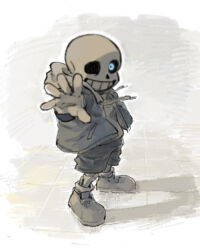  1boy 2024 2d black_shorts blue_eyes blue_jacket digital_media drawstring floor foreshortening full_body gloves glowing glowing_eye grey_hood hand_in_pocket highres hollow_eyes hood hood_down hooded_jacket humanoid jacket looking_at_viewer male male_focus male_only monster monster_boy muted_color open_clothes open_jacket reaching sans_(undertale) shadow shirt shoes shomimima_(kkr_mimi16) shorts simple_background skeleton socks solo standing teeth tiled_floor tiles undead undertale utdr_(toby_fox) white_background white_gloves white_shirt white_socks 