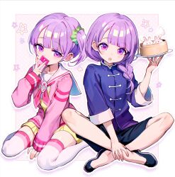  1boy 1girl :o between_legs black_shoes black_shorts blue_shirt blunt_bangs braid card cardigan chinese_clothes commentary covering_own_mouth dress food full_body genderswap genderswap_(ftm) green_scrunchie hair_ornament hair_over_shoulder hair_scrunchie half-closed_eyes hand_between_legs hand_on_ground hand_on_own_ankle hand_up highres holding holding_card holding_plate indian_style long_hair long_sleeves looking_at_viewer manaka_non manaka_non_(normal) manaka_nonsuke mandarin_collar neckerchief open_cardigan open_clothes paprika_private_academy_school_uniform pink_cardigan pink_neckerchief pink_thighhighs plate pretty_series pripara purple_hair sailor_collar school_uniform scrunchie shirt shoes short_dress short_hair shorts sitting sleeves_rolled_up star_(symbol) straight_hair tangzhuang tawan_(46okuneeen) thigh-highs v violet_eyes wariza white_sailor_collar white_thighhighs wide_sleeves yellow_dress zettai_ryouiki 