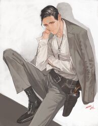  1boy ankle_strap belt bird bird_ornament black_belt black_hair black_shoes blue_eyes collared_shirt colored_sclera ctkcave dove dress_shoes grey_pants gun hand_on_own_face handgun holster holstered jacket jacket_on_shoulders looking_at_viewer male_focus original outstretched_leg pants parted_hair red_sclera scar scar_on_neck shirt shoes simple_background smile solo suit_jacket unbuttoned_sleeves weapon white_background white_shirt 
