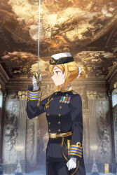  1girl absurdres aiguillette alternate_costume alternate_hairstyle belt blonde_hair blue_jacket blue_pants buttons commentary_request conscript96 cowboy_shot double-breasted female_service_cap gloves gold_belt hair_bun hat highres holding holding_sword holding_weapon indoors jacket long_sleeves looking_to_the_side medal military_uniform mural naval_dress_uniform naval_uniform pants salute shoulder_boards sword tiger_(warship_girls_r) warship_girls_r weapon white_gloves white_hat yellow_eyes 
