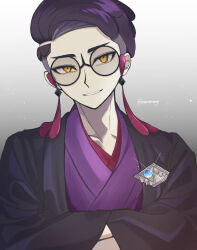  1boy alternate_costume black-framed_eyewear black_hair black_haori commentary_request corbeau_(pokemon) glasses glint grin hands_in_opposite_sleeves haori highres japanese_clothes kimono looking_at_viewer male_focus ne_mo pokemon pokemon_legends:_z-a purple_kimono round_eyewear short_hair smile solo teeth twitter_username yellow_eyes 
