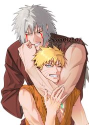  2boys arm_around_neck blonde_hair blue_eyes brown_shirt facial_mark gon012607 grey_hair grin hair_between_eyes headlock highres jiraiya_(naruto) long_hair male_focus multiple_boys naruto_(series) one_eye_closed orange_dougi shirt short_hair single_sleeve smile spiky_hair teeth twitter_username upper_body uzumaki_naruto whisker_markings white_background 