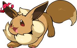  :3 animal_focus commentary_request dynamax eevee full_body gigantamax gigantamax_eevee kawaanago no_humans open_mouth pokemon pokemon_(creature) pokemon_focus red_clouds smile solo transparent_background 