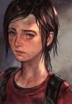  1girl backpack bag blue_eyes brown_hair closed_mouth ellie_(the_last_of_us) freckles hankuri lips looking_at_viewer red_shirt revision scar scar_on_face shirt solo the_last_of_us upper_body 