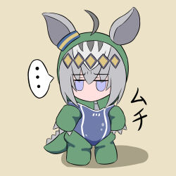  ... 1girl ahoge animal_ears blue_eyes blue_one-piece_swimsuit chibi claws competition_school_swimsuit competition_swimsuit costume dinosaur_costume grey_hair hair_between_eyes highres horse_ears horse_girl kishiroki long_hair multicolored_hair no_mouth oguri_cap_(gray_monster)_(umamusume) oguri_cap_(umamusume) one-piece_swimsuit school_swimsuit simple_background solo speech_bubble swimsuit tail tracen_swimsuit umamusume umamusume:_cinderella_gray 