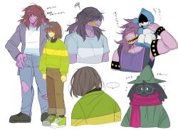  ... 1boy 1girl 1other 2018 2d ambiguous_gender animal_ears anthro armlet black_armlet black_fur black_jacket black_shoes blue_pants blue_shirt blue_tongue brown_hair brown_pants carrying carrying_person colored_tongue creature cropped_torso deltarune digital_media droopy_ears fangs female floppy_ears full_body furry furry_male glasses goat goat_boy green_hat green_robe green_shirt green_shoes hair_over_eyes hat highres horizontal-striped_clothes horns human jacket kris_(deltarune) lancer_(deltarune) lizard lizard_girl long_hair male monster monster_girl multiple_views pants pink_skin purple_hair purple_jacket ralsei ralsei_(hat) red_scarf reptile reptile_girl robe round_eyewear scalie scarf sharp_teeth shirt shoes short_hair simple_background sitting sitting_on_person sitting_on_shoulder sleeveless sleeveless_jacket sneakers spade_(shape) speech_bubble spoken_ellipsis standing striped_clothes striped_shirt susie_(dark_world)_(deltarune) susie_(deltarune) teeth text tongue tongue_out torn_clothes torn_pants two-tone_shirt under_mizo utdr_(toby_fox) white_background white_shirt wizard_hat yellow_stripes yellow_teeth 