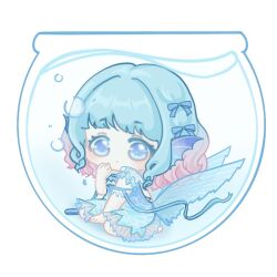  1girl :o air_bubble arm_ribbon backless_dress backless_outfit bad_link bare_back bare_legs barefoot blue_bow blue_dress blue_eyes blue_hair blue_ribbon bow bubble chibi chinese_commentary colored_eyelashes commentary_request criss-cross_back-straps dress expressionless fins fishbowl frilled_dress frilled_ribbon frilled_sleeves frills gradient_hair hair_bow hand_on_own_cheek hand_on_own_face head_fins in_bowl in_container kneeling light_blush medium_dress multicolored_hair nikki_(series) parted_lips pink_hair print_dress ribbon scale_print see-through_clothes see-through_sleeves shining_nikki short_sleeves solo striped_bow submerged tareme trail_of_the_tide_(shining_nikki) two-tone_hair water wavy_hair white_background xiaoyu_qixing 