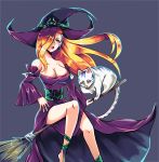 1girl bare_shoulders black_eyelashes blonde_hair blue_earrings breasts broom broom_riding cat cat_ears cat_tail cleavage detached_sleeves earrings eyelashes giovanna_grana hair hair_over_one_eye hat large_breasts legs legs_apart licking licking_self lips pleated_sleeves sideboob sleeveless sleeveless_dress tail thighs twisted_limbo vampire_survivors very_long_hair very_long_tail wide_sleeves witch witch_hat